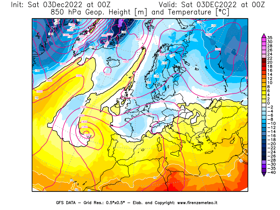 Mappa di analisi GFS - Geopotenziale [m] e Temperatura [°C] a 850 hPa in Europa
							del 03/12/2022 00 <!--googleoff: index-->UTC<!--googleon: index-->