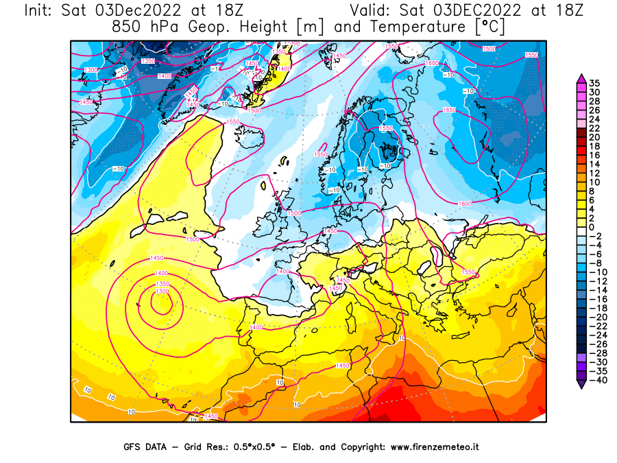 Mappa di analisi GFS - Geopotenziale [m] e Temperatura [°C] a 850 hPa in Europa
							del 03/12/2022 18 <!--googleoff: index-->UTC<!--googleon: index-->