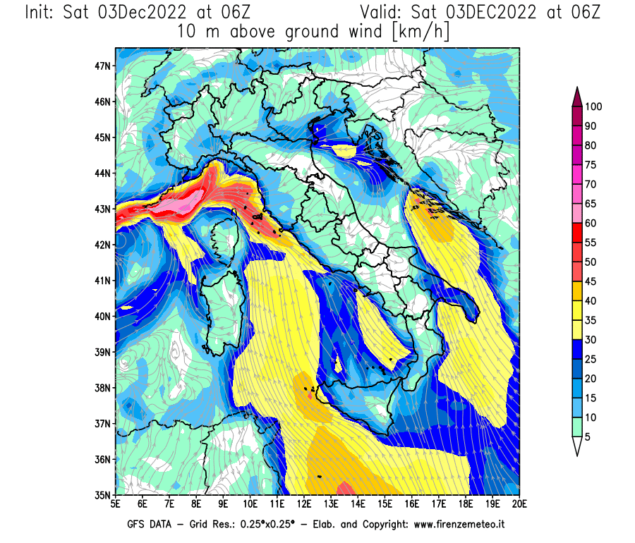 Mappa di analisi GFS - Velocità del vento a 10 metri dal suolo [km/h] in Italia
							del 03/12/2022 06 <!--googleoff: index-->UTC<!--googleon: index-->