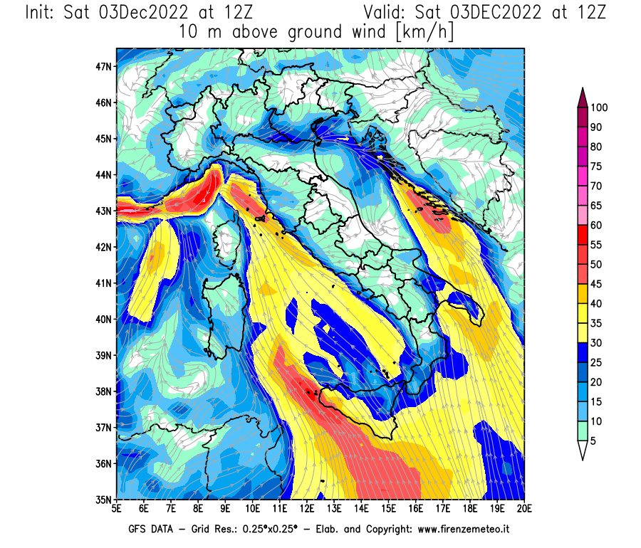 Mappa di analisi GFS - Velocità del vento a 10 metri dal suolo [km/h] in Italia
							del 03/12/2022 12 <!--googleoff: index-->UTC<!--googleon: index-->