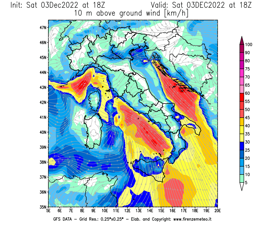 Mappa di analisi GFS - Velocità del vento a 10 metri dal suolo [km/h] in Italia
							del 03/12/2022 18 <!--googleoff: index-->UTC<!--googleon: index-->