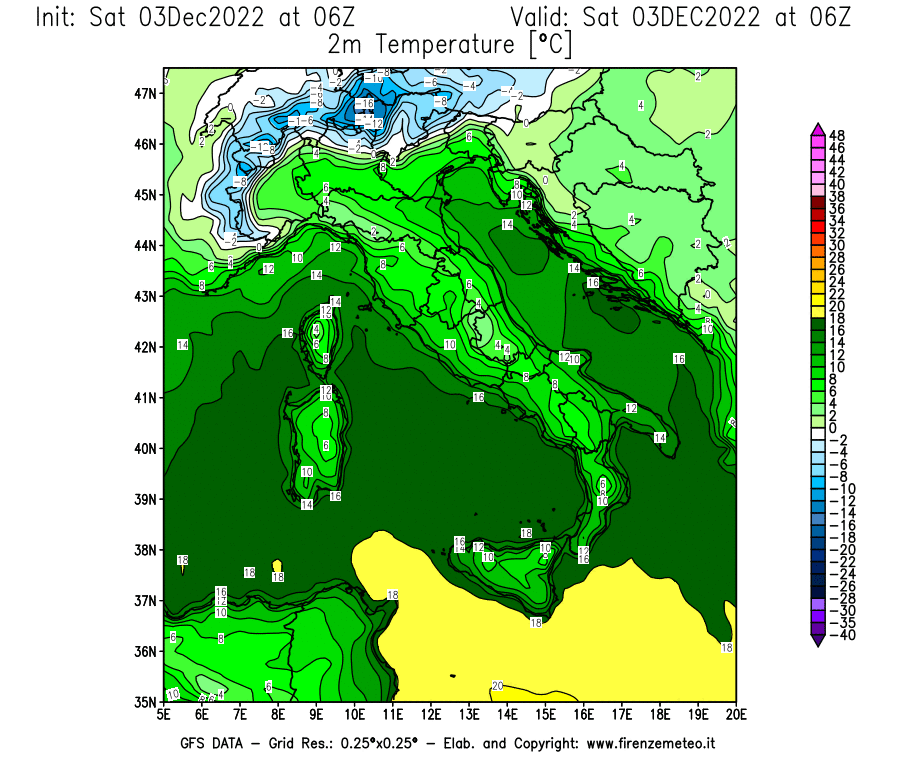 Mappa di analisi GFS - Temperatura a 2 metri dal suolo [°C] in Italia
							del 03/12/2022 06 <!--googleoff: index-->UTC<!--googleon: index-->