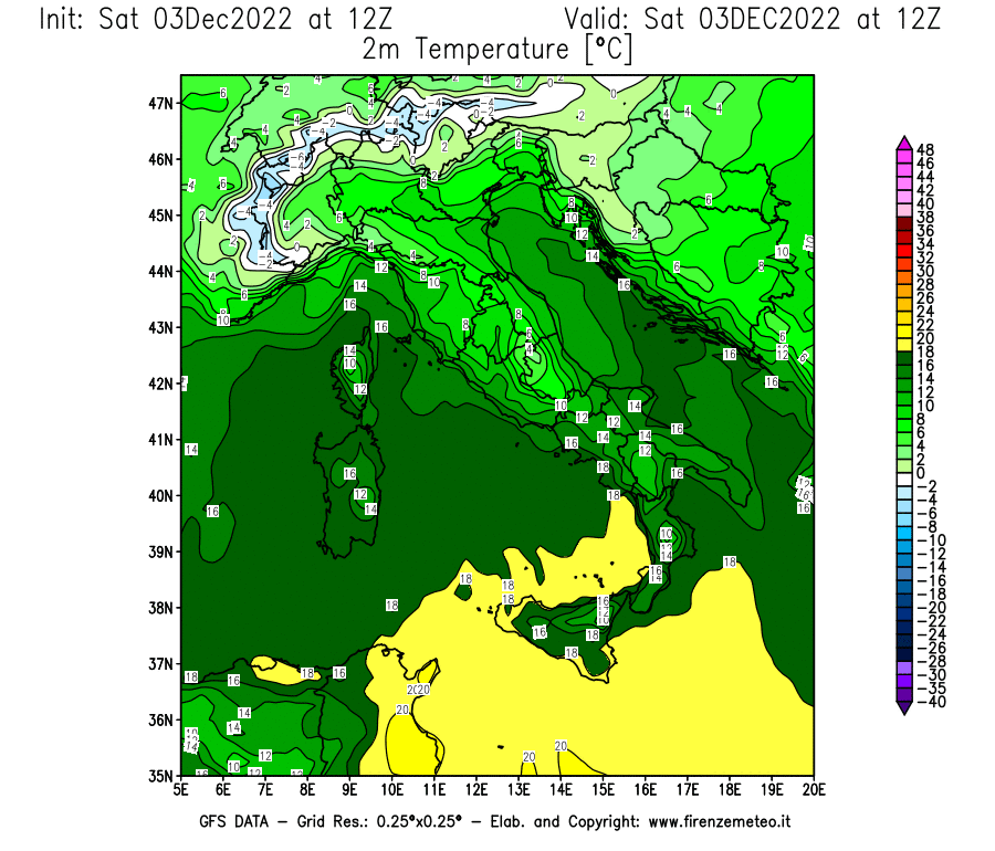 Mappa di analisi GFS - Temperatura a 2 metri dal suolo [°C] in Italia
							del 03/12/2022 12 <!--googleoff: index-->UTC<!--googleon: index-->