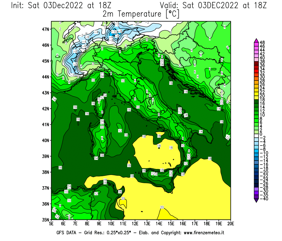 Mappa di analisi GFS - Temperatura a 2 metri dal suolo [°C] in Italia
							del 03/12/2022 18 <!--googleoff: index-->UTC<!--googleon: index-->