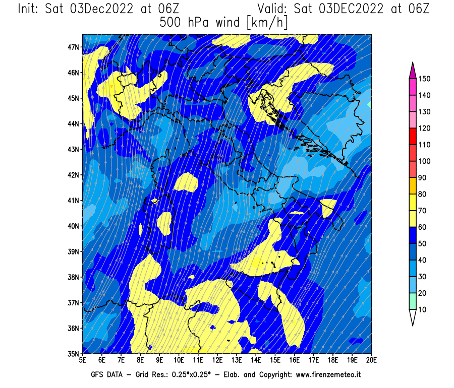 Mappa di analisi GFS - Velocità del vento a 500 hPa [km/h] in Italia
							del 03/12/2022 06 <!--googleoff: index-->UTC<!--googleon: index-->