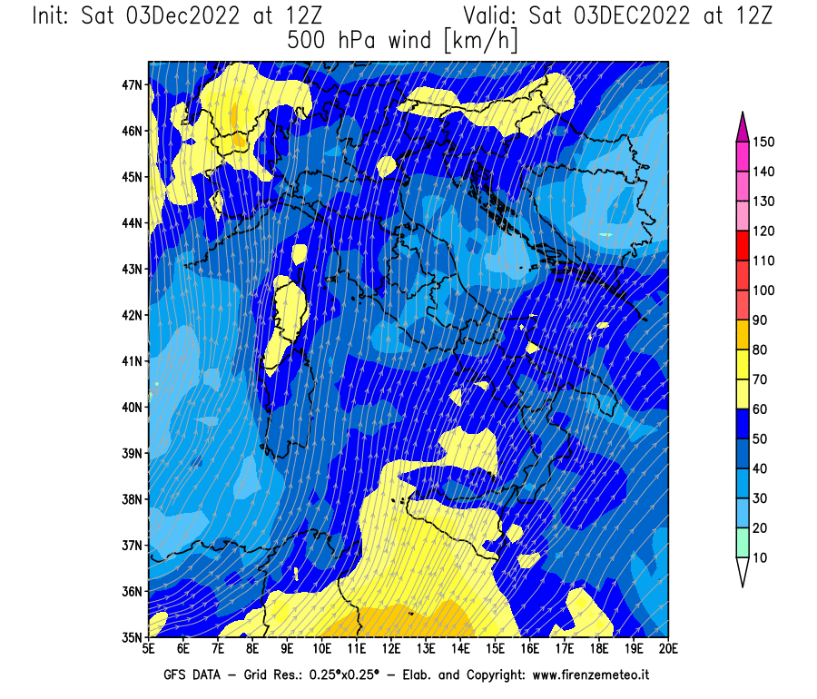 Mappa di analisi GFS - Velocità del vento a 500 hPa [km/h] in Italia
							del 03/12/2022 12 <!--googleoff: index-->UTC<!--googleon: index-->