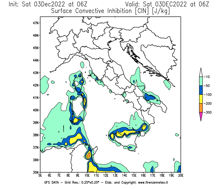 Mappa di analisi GFS - CIN [J/kg] in Italia
							del 03/12/2022 06 <!--googleoff: index-->UTC<!--googleon: index-->