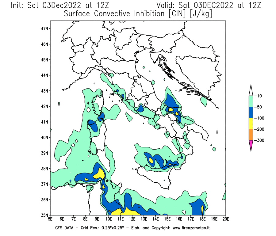 Mappa di analisi GFS - CIN [J/kg] in Italia
							del 03/12/2022 12 <!--googleoff: index-->UTC<!--googleon: index-->