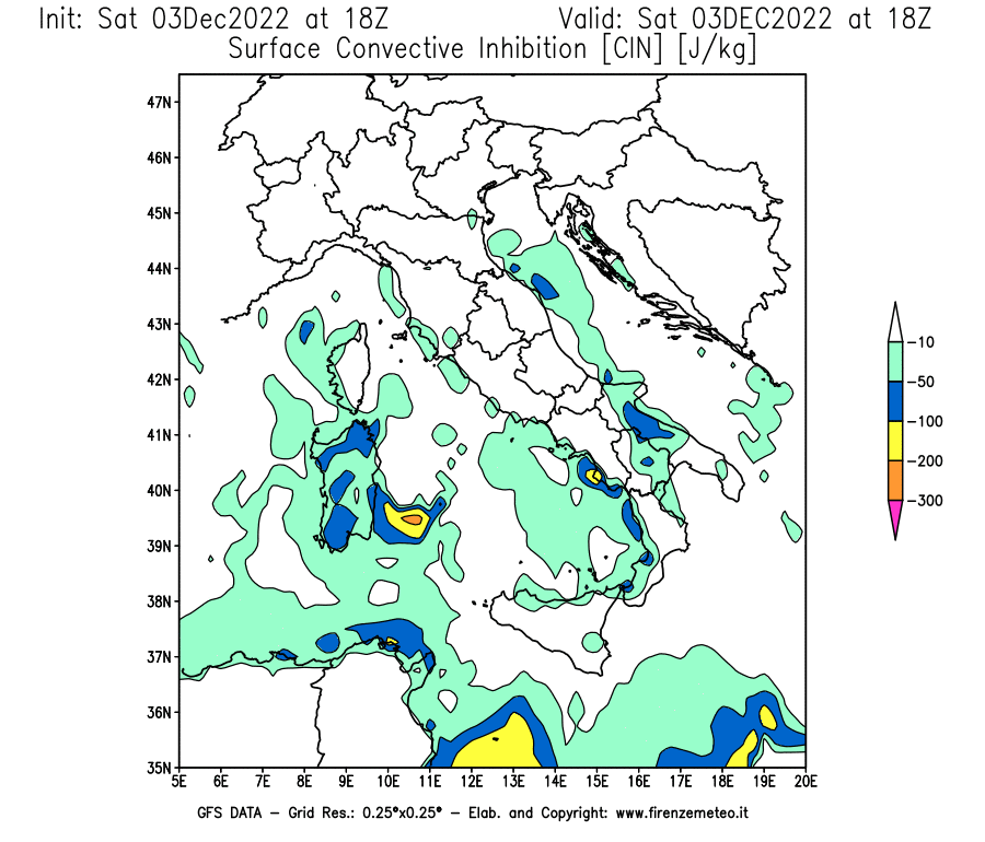 Mappa di analisi GFS - CIN [J/kg] in Italia
							del 03/12/2022 18 <!--googleoff: index-->UTC<!--googleon: index-->