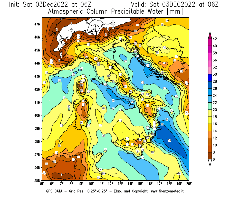 Mappa di analisi GFS - Precipitable Water [mm] in Italia
							del 03/12/2022 06 <!--googleoff: index-->UTC<!--googleon: index-->