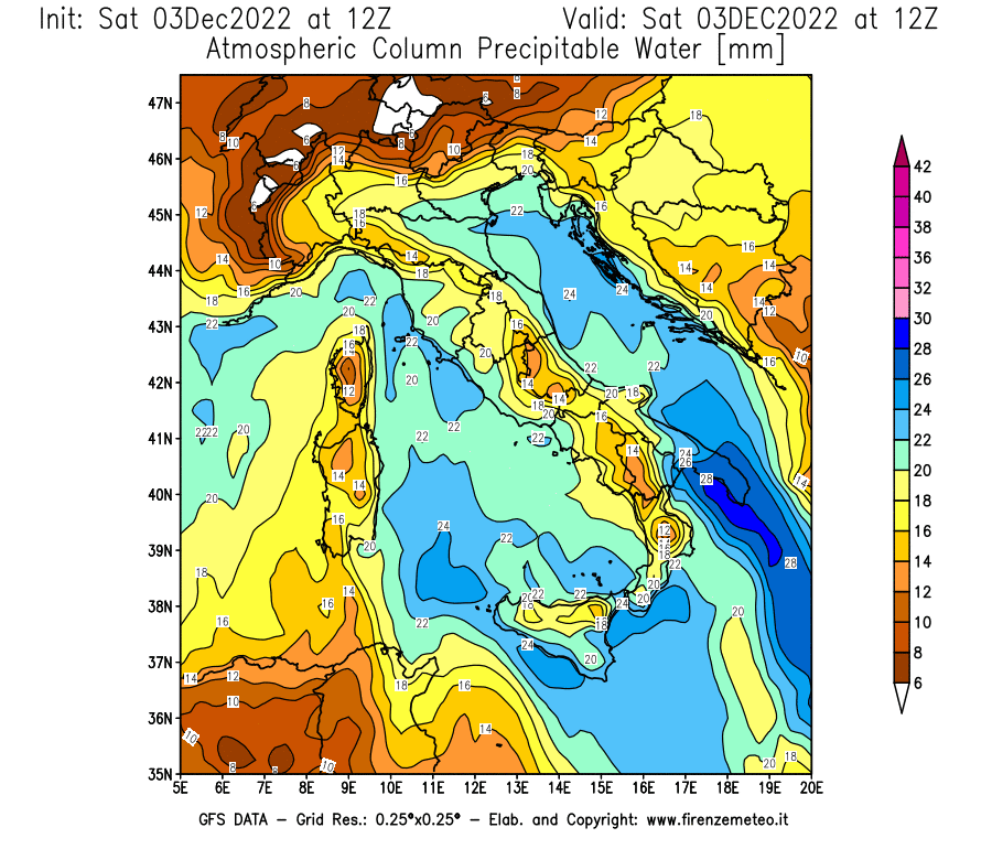 Mappa di analisi GFS - Precipitable Water [mm] in Italia
							del 03/12/2022 12 <!--googleoff: index-->UTC<!--googleon: index-->