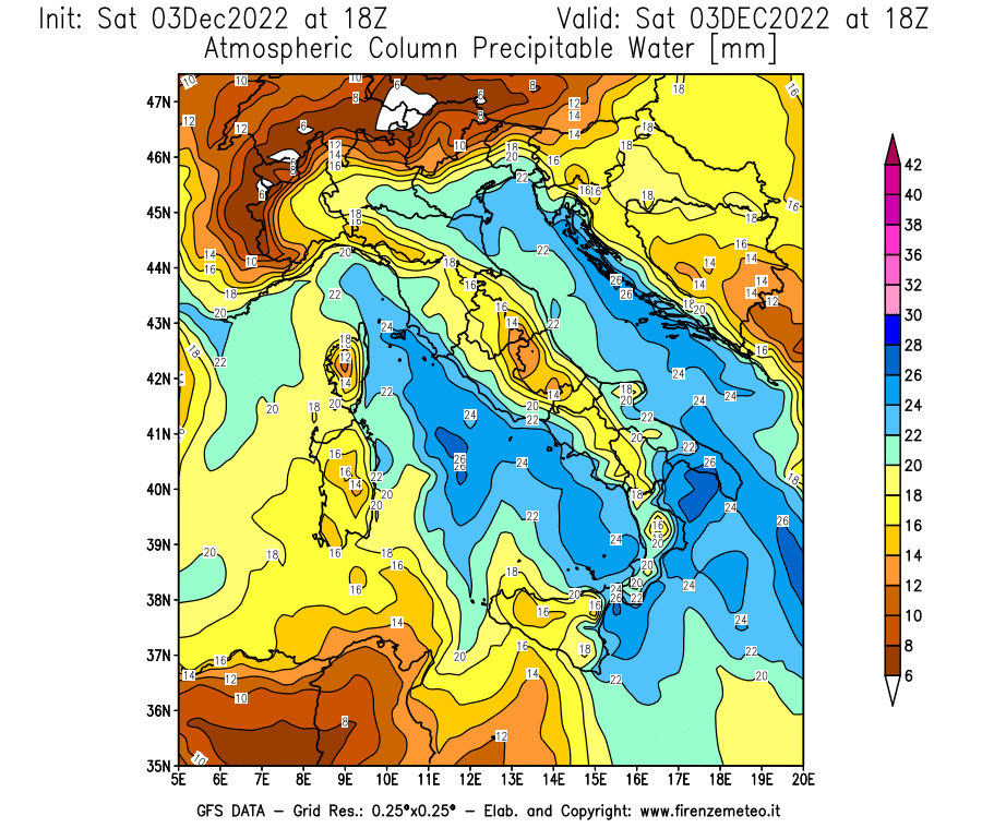 Mappa di analisi GFS - Precipitable Water [mm] in Italia
							del 03/12/2022 18 <!--googleoff: index-->UTC<!--googleon: index-->
