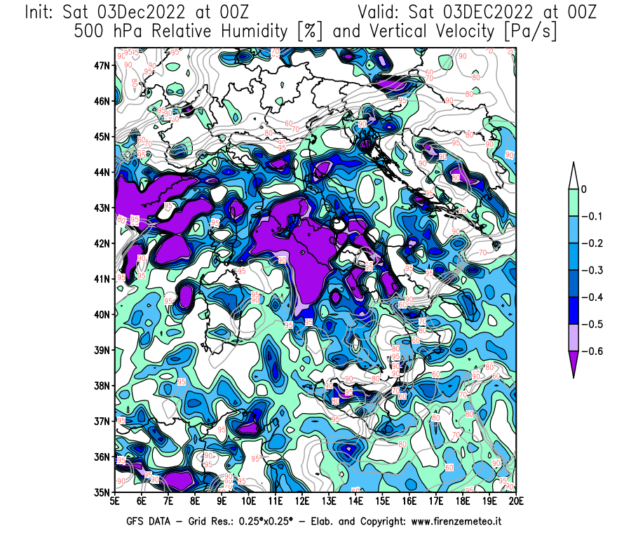 Mappa di analisi GFS - Umidità relativa [%] e Omega [Pa/s] a 500 hPa in Italia
							del 03/12/2022 00 <!--googleoff: index-->UTC<!--googleon: index-->