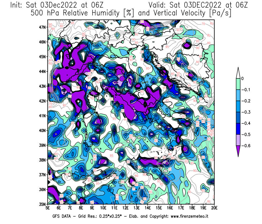 Mappa di analisi GFS - Umidità relativa [%] e Omega [Pa/s] a 500 hPa in Italia
							del 03/12/2022 06 <!--googleoff: index-->UTC<!--googleon: index-->