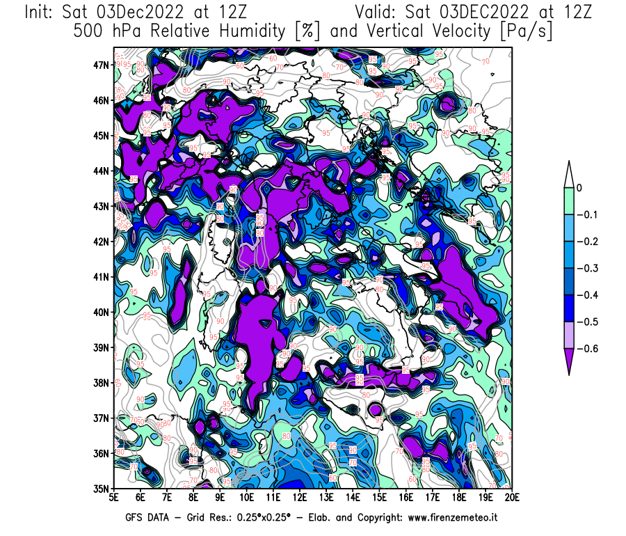 Mappa di analisi GFS - Umidità relativa [%] e Omega [Pa/s] a 500 hPa in Italia
							del 03/12/2022 12 <!--googleoff: index-->UTC<!--googleon: index-->