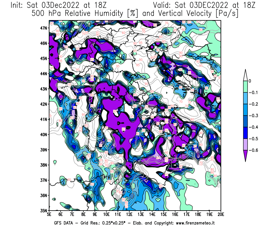 Mappa di analisi GFS - Umidità relativa [%] e Omega [Pa/s] a 500 hPa in Italia
							del 03/12/2022 18 <!--googleoff: index-->UTC<!--googleon: index-->