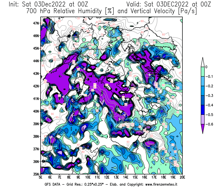 Mappa di analisi GFS - Umidità relativa [%] e Omega [Pa/s] a 700 hPa in Italia
							del 03/12/2022 00 <!--googleoff: index-->UTC<!--googleon: index-->