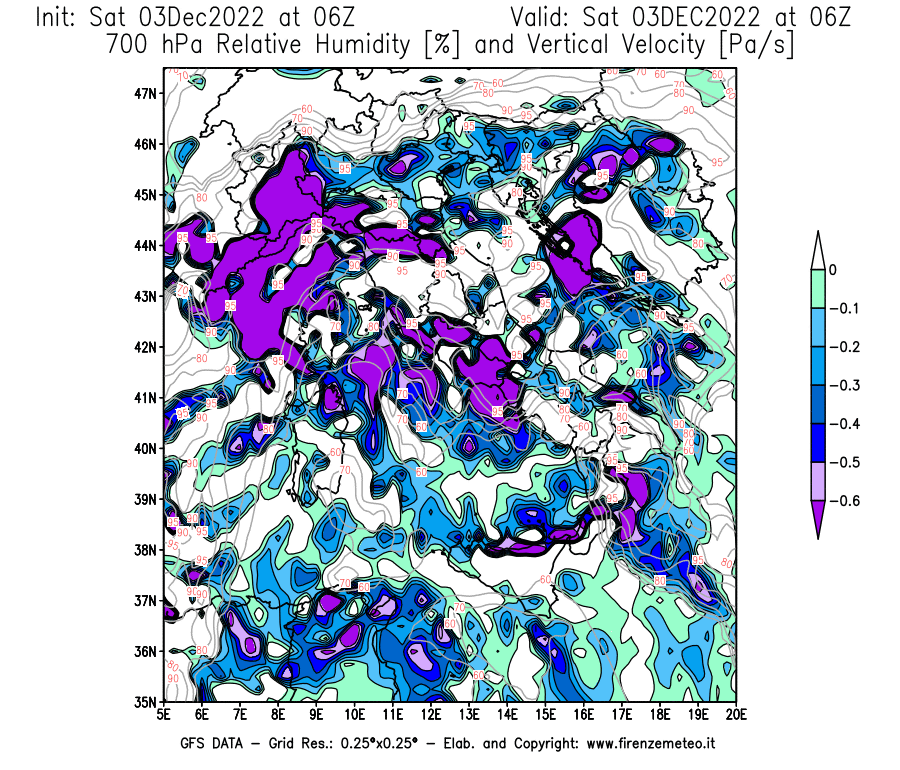 Mappa di analisi GFS - Umidità relativa [%] e Omega [Pa/s] a 700 hPa in Italia
							del 03/12/2022 06 <!--googleoff: index-->UTC<!--googleon: index-->