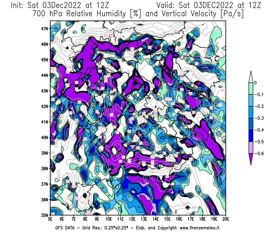 Mappa di analisi GFS - Umidità relativa [%] e Omega [Pa/s] a 700 hPa in Italia
							del 03/12/2022 12 <!--googleoff: index-->UTC<!--googleon: index-->