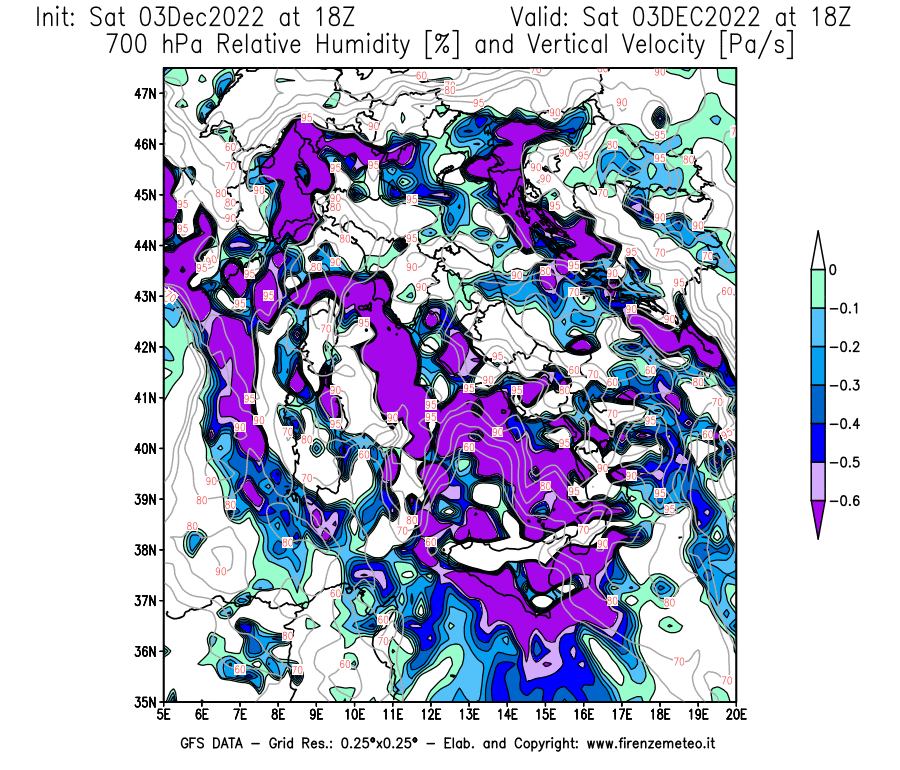 Mappa di analisi GFS - Umidità relativa [%] e Omega [Pa/s] a 700 hPa in Italia
							del 03/12/2022 18 <!--googleoff: index-->UTC<!--googleon: index-->