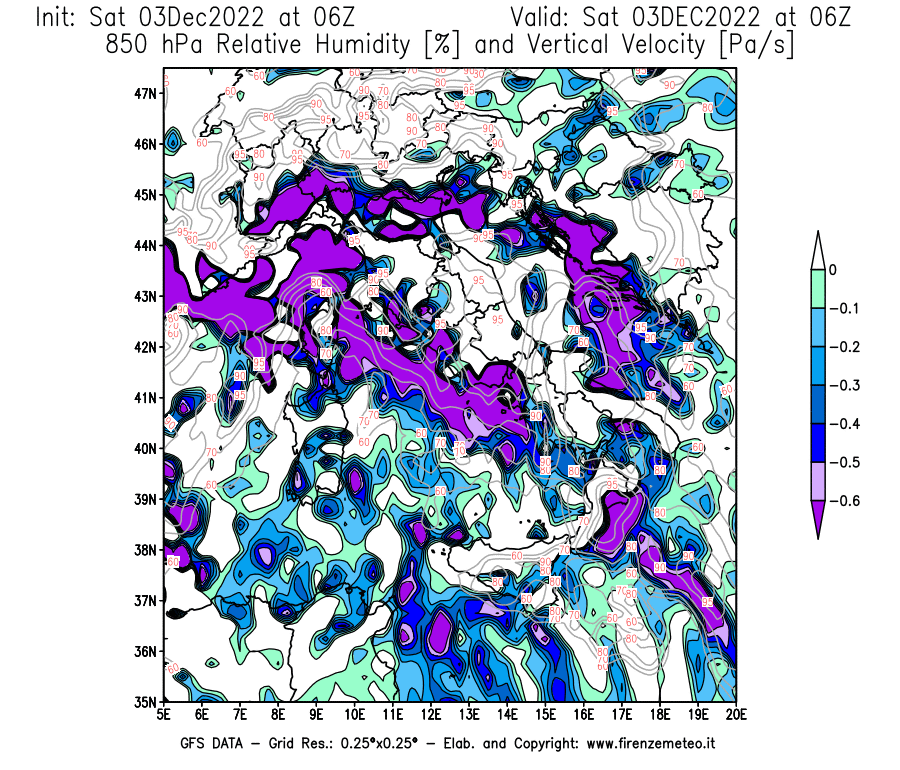 Mappa di analisi GFS - Umidità relativa [%] e Omega [Pa/s] a 850 hPa in Italia
							del 03/12/2022 06 <!--googleoff: index-->UTC<!--googleon: index-->