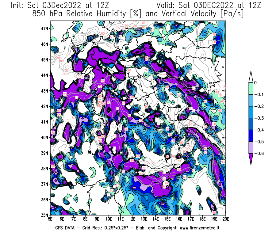 Mappa di analisi GFS - Umidità relativa [%] e Omega [Pa/s] a 850 hPa in Italia
							del 03/12/2022 12 <!--googleoff: index-->UTC<!--googleon: index-->