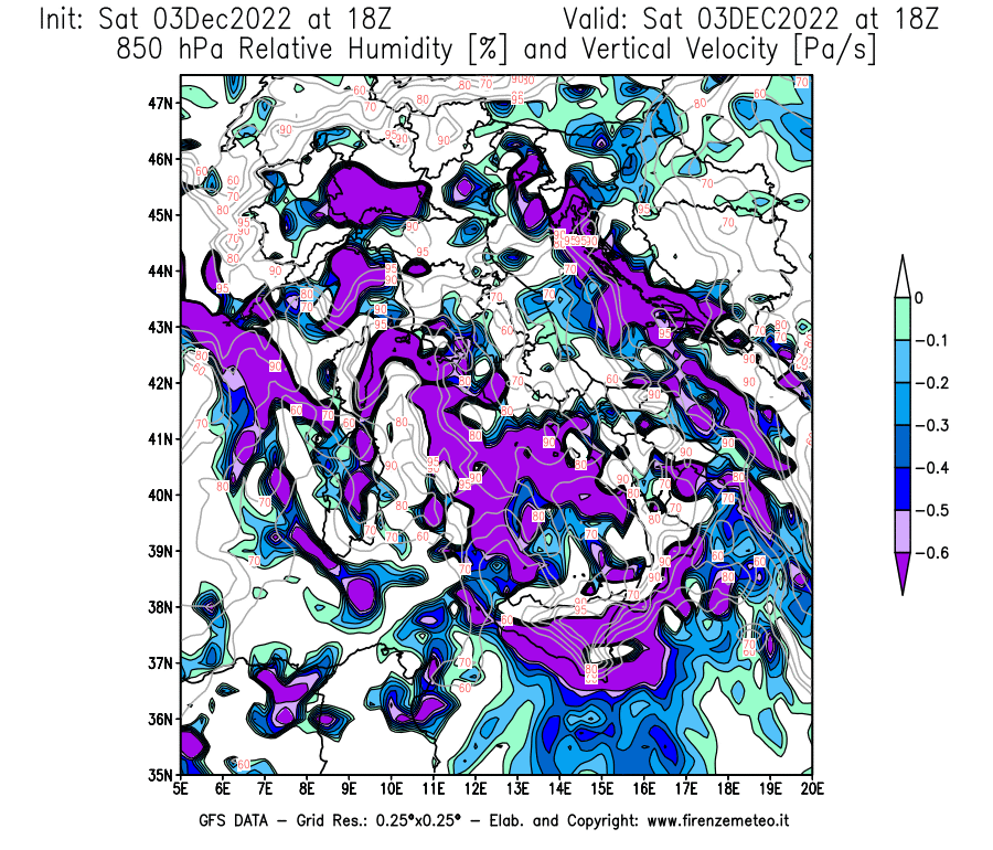 Mappa di analisi GFS - Umidità relativa [%] e Omega [Pa/s] a 850 hPa in Italia
							del 03/12/2022 18 <!--googleoff: index-->UTC<!--googleon: index-->
