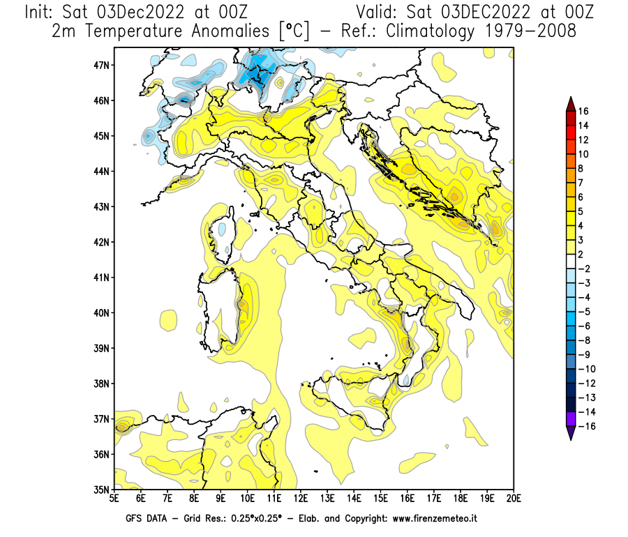 Mappa di analisi GFS - Anomalia Temperatura [°C] a 2 m in Italia
							del 03/12/2022 00 <!--googleoff: index-->UTC<!--googleon: index-->