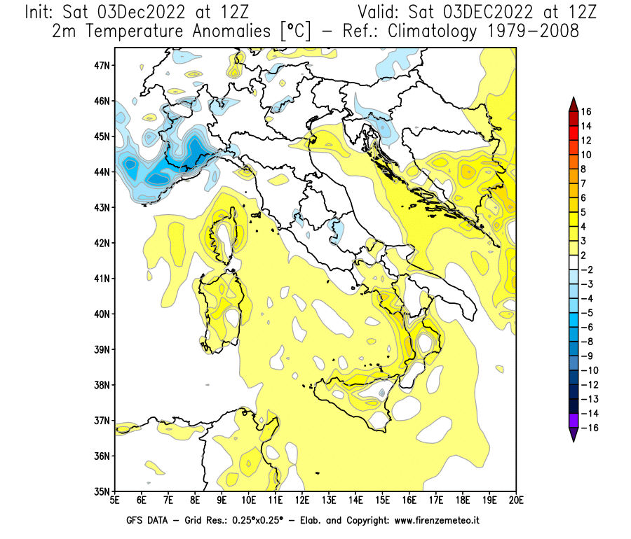 Mappa di analisi GFS - Anomalia Temperatura [°C] a 2 m in Italia
							del 03/12/2022 12 <!--googleoff: index-->UTC<!--googleon: index-->