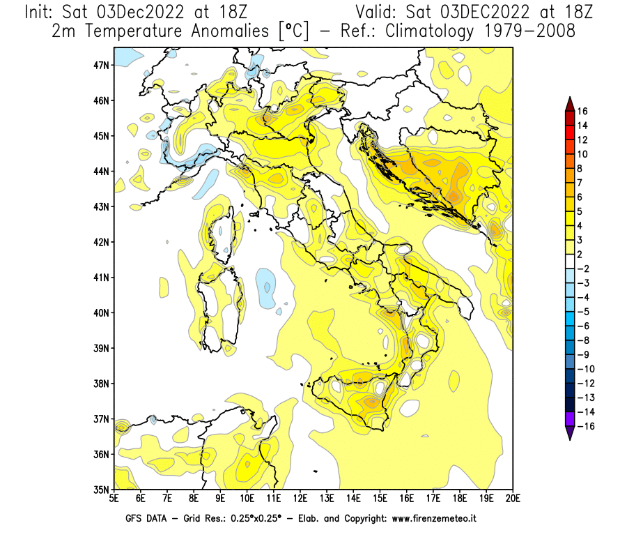 Mappa di analisi GFS - Anomalia Temperatura [°C] a 2 m in Italia
							del 03/12/2022 18 <!--googleoff: index-->UTC<!--googleon: index-->