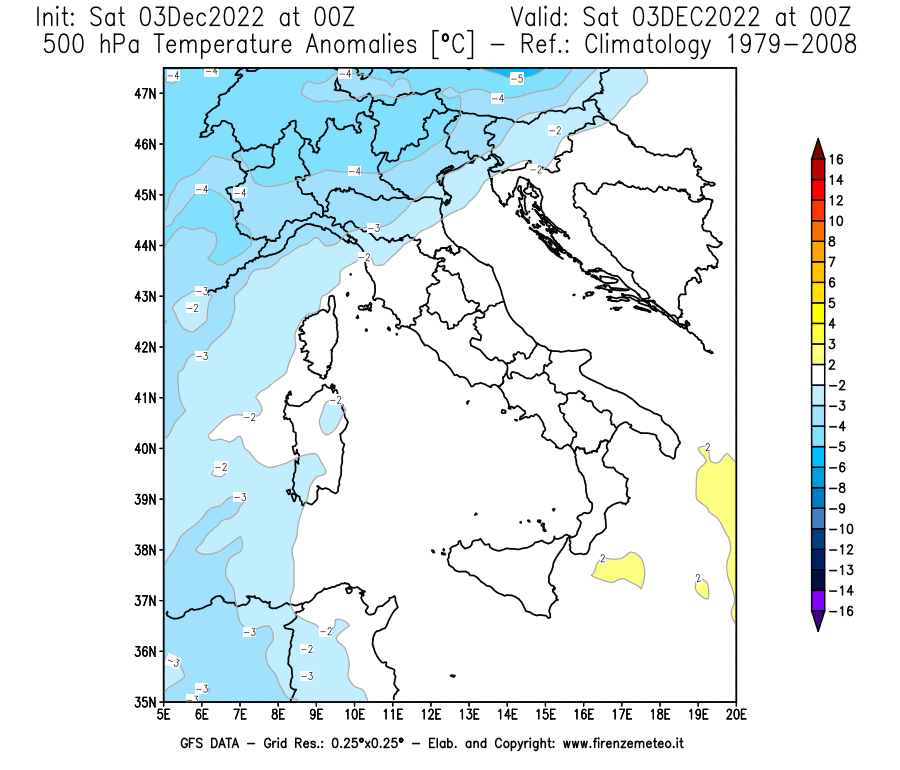 Mappa di analisi GFS - Anomalia Temperatura [°C] a 500 hPa in Italia
							del 03/12/2022 00 <!--googleoff: index-->UTC<!--googleon: index-->