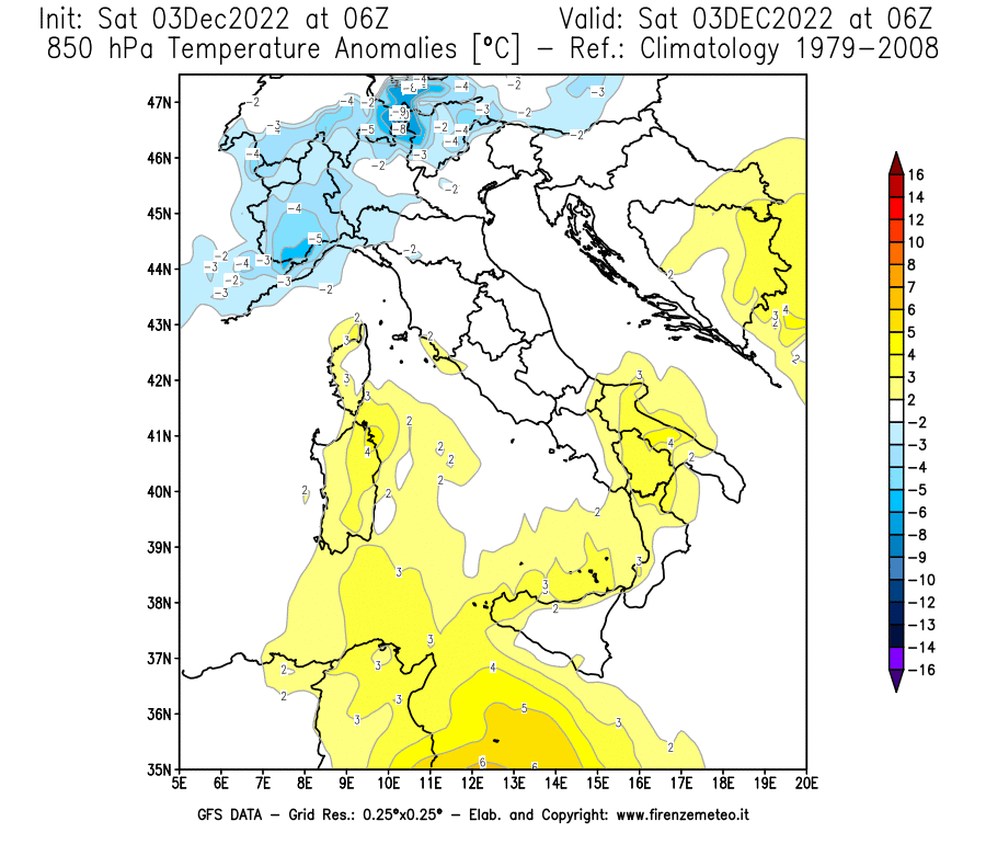 Mappa di analisi GFS - Anomalia Temperatura [°C] a 850 hPa in Italia
							del 03/12/2022 06 <!--googleoff: index-->UTC<!--googleon: index-->