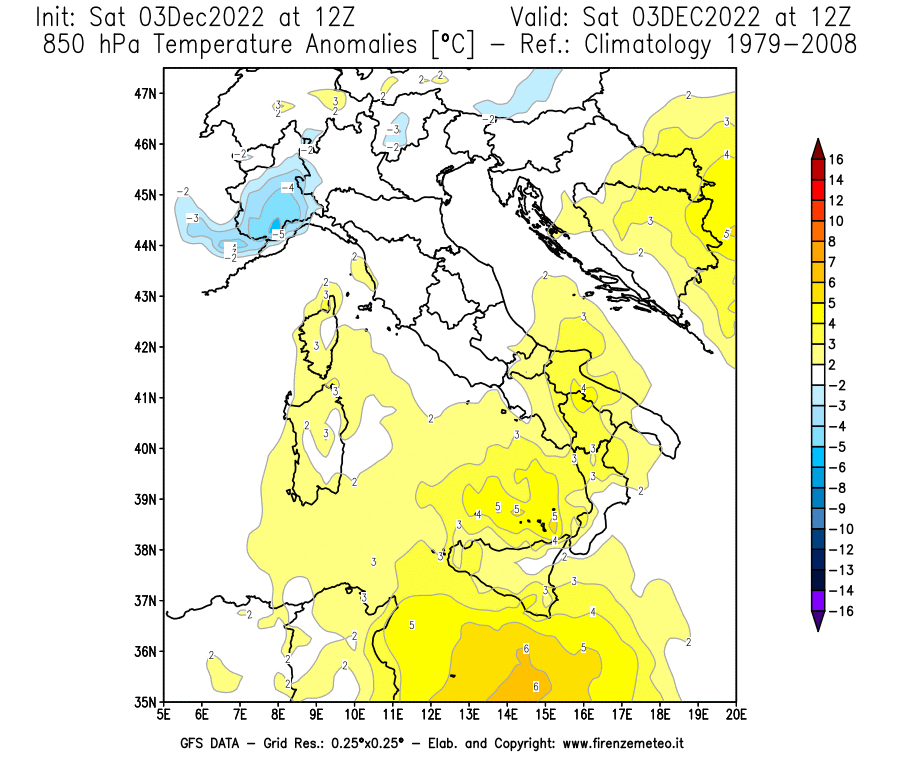Mappa di analisi GFS - Anomalia Temperatura [°C] a 850 hPa in Italia
							del 03/12/2022 12 <!--googleoff: index-->UTC<!--googleon: index-->