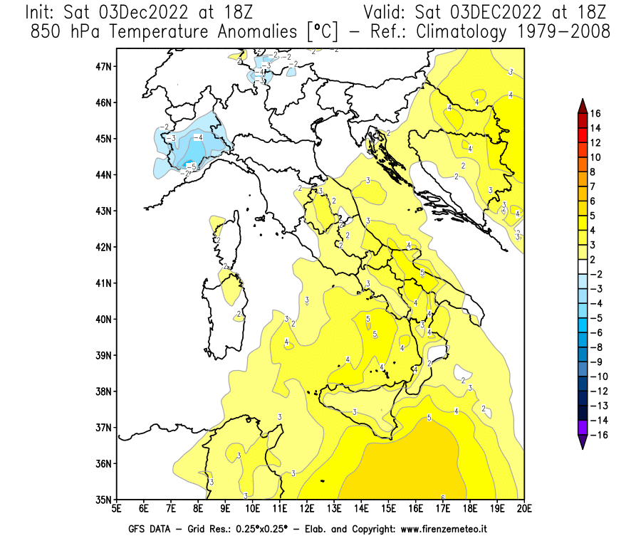 Mappa di analisi GFS - Anomalia Temperatura [°C] a 850 hPa in Italia
							del 03/12/2022 18 <!--googleoff: index-->UTC<!--googleon: index-->