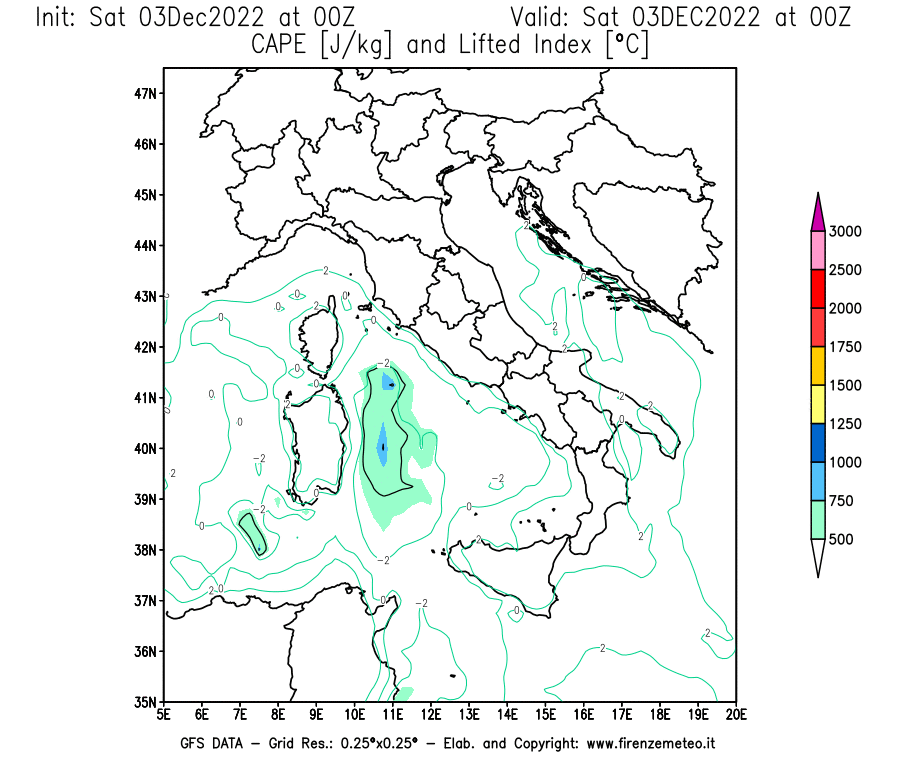 Mappa di analisi GFS - CAPE [J/kg] e Lifted Index [°C] in Italia
							del 03/12/2022 00 <!--googleoff: index-->UTC<!--googleon: index-->