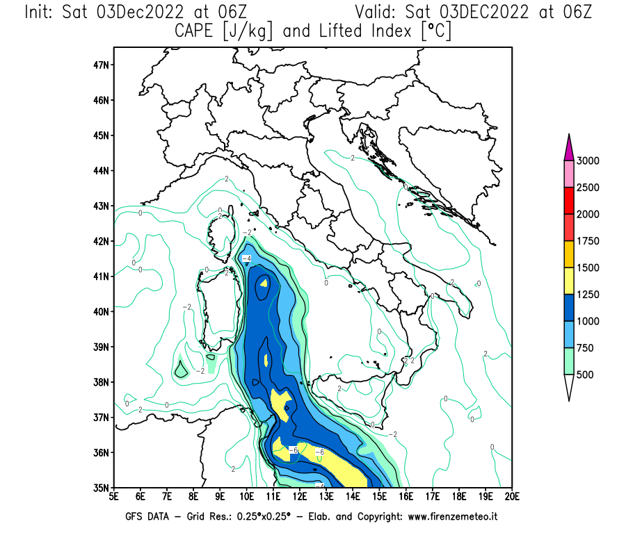 Mappa di analisi GFS - CAPE [J/kg] e Lifted Index [°C] in Italia
							del 03/12/2022 06 <!--googleoff: index-->UTC<!--googleon: index-->