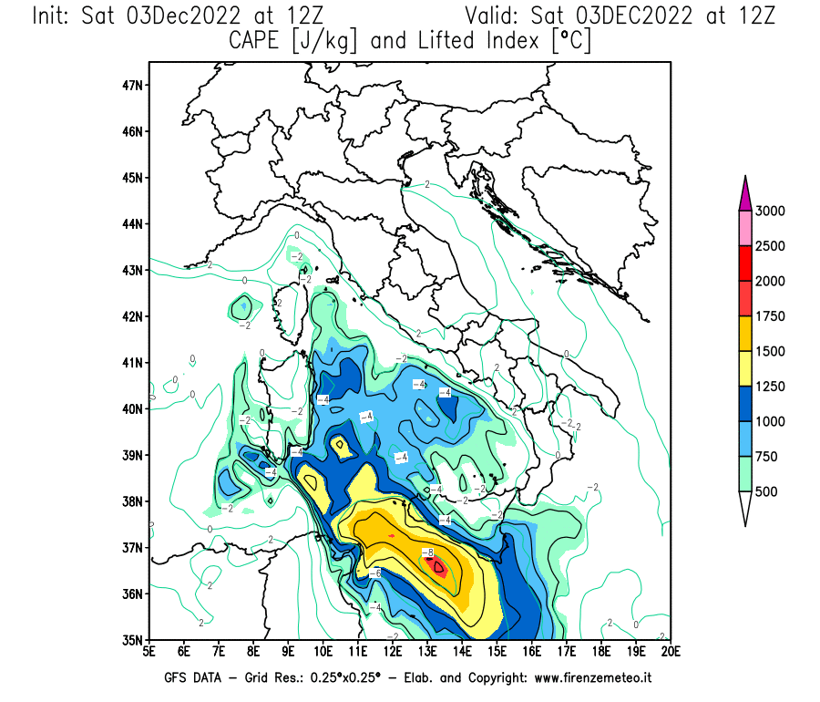 Mappa di analisi GFS - CAPE [J/kg] e Lifted Index [°C] in Italia
							del 03/12/2022 12 <!--googleoff: index-->UTC<!--googleon: index-->