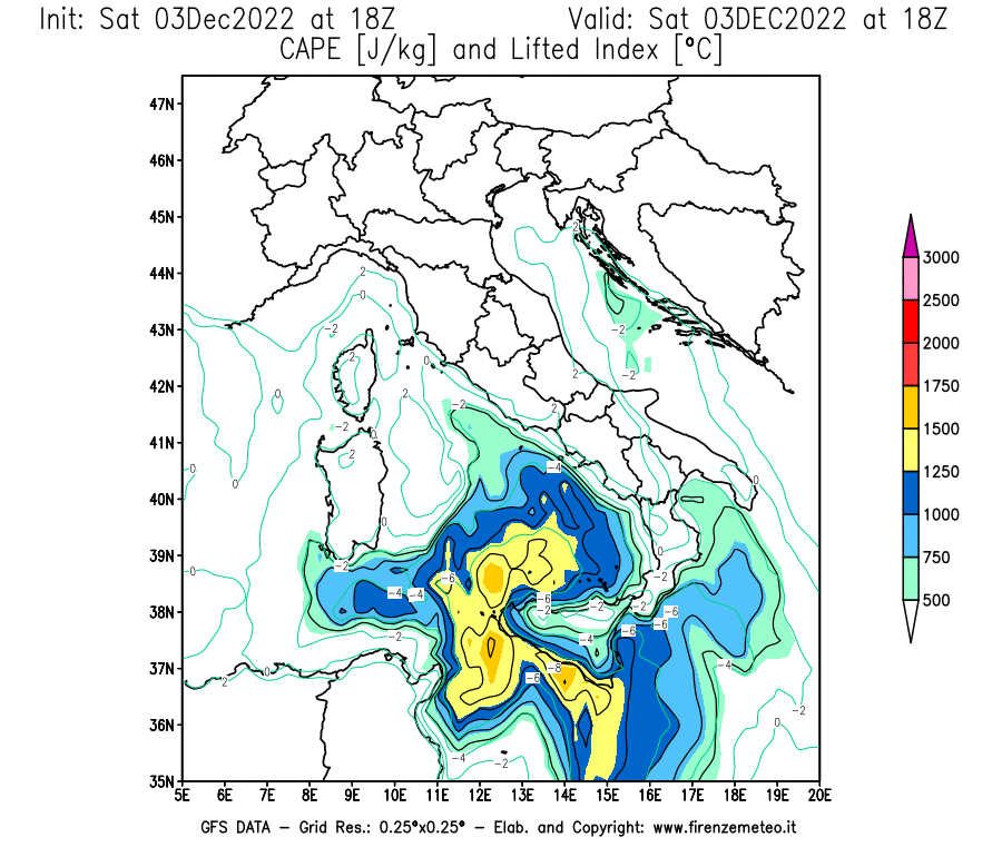 Mappa di analisi GFS - CAPE [J/kg] e Lifted Index [°C] in Italia
							del 03/12/2022 18 <!--googleoff: index-->UTC<!--googleon: index-->