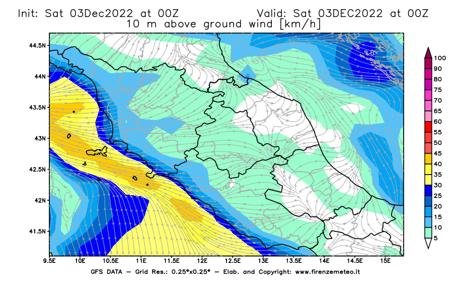 Mappa di analisi GFS - Velocità del vento a 10 metri dal suolo [km/h] in Centro-Italia
							del 03/12/2022 00 <!--googleoff: index-->UTC<!--googleon: index-->
