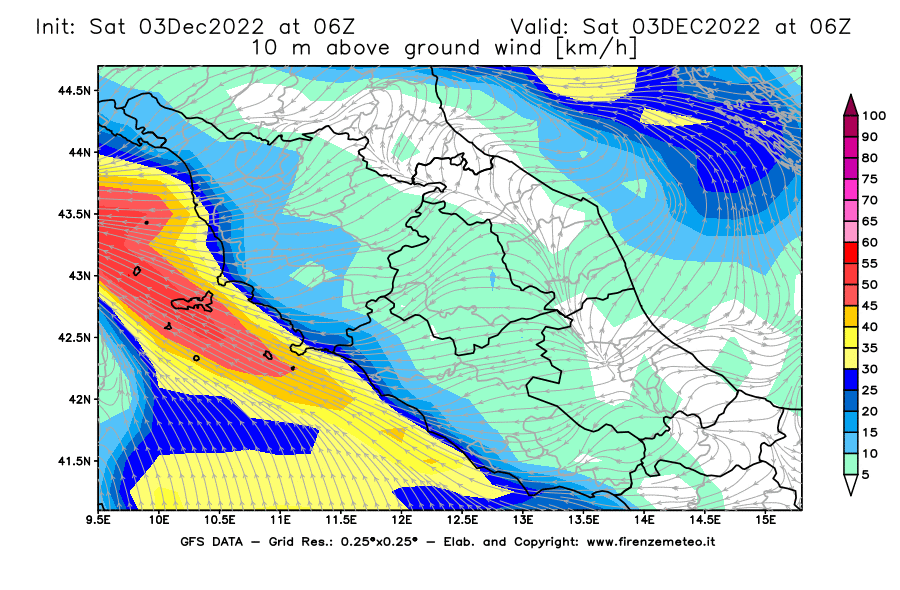 Mappa di analisi GFS - Velocità del vento a 10 metri dal suolo [km/h] in Centro-Italia
							del 03/12/2022 06 <!--googleoff: index-->UTC<!--googleon: index-->