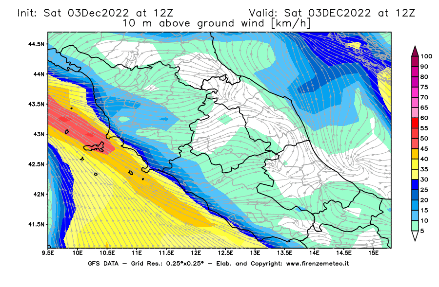 Mappa di analisi GFS - Velocità del vento a 10 metri dal suolo [km/h] in Centro-Italia
							del 03/12/2022 12 <!--googleoff: index-->UTC<!--googleon: index-->