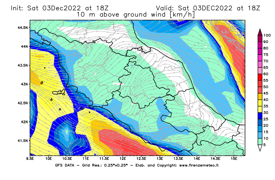 Mappa di analisi GFS - Velocità del vento a 10 metri dal suolo [km/h] in Centro-Italia
							del 03/12/2022 18 <!--googleoff: index-->UTC<!--googleon: index-->