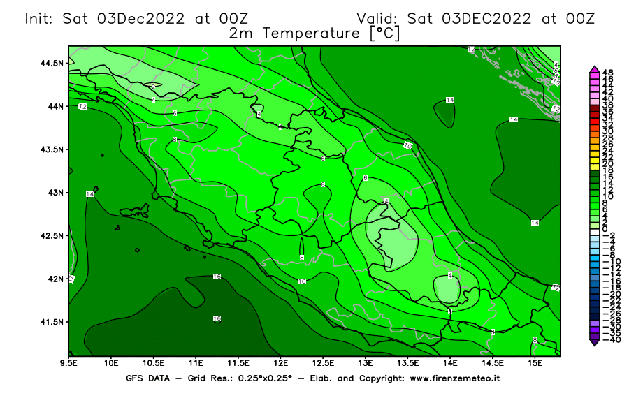 Mappa di analisi GFS - Temperatura a 2 metri dal suolo [°C] in Centro-Italia
							del 03/12/2022 00 <!--googleoff: index-->UTC<!--googleon: index-->