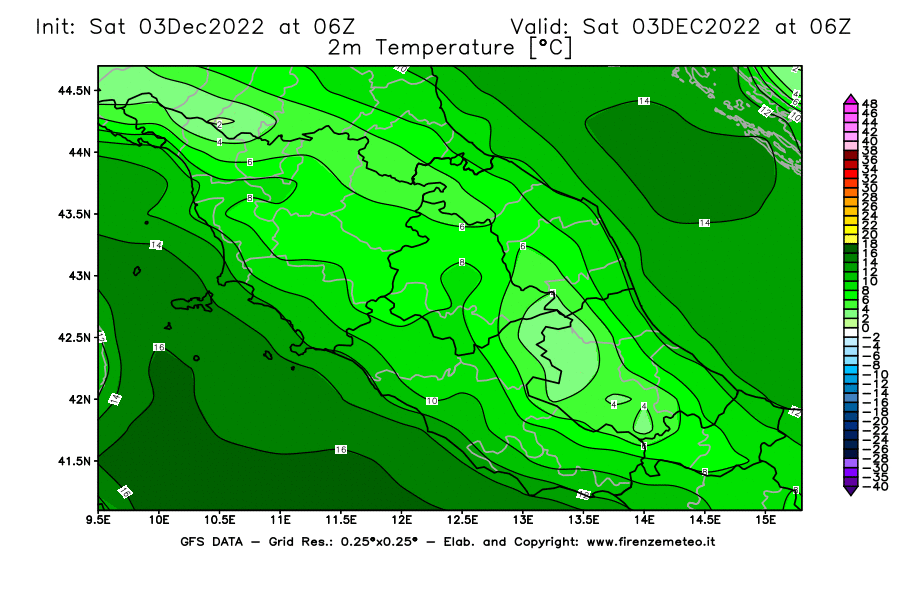 Mappa di analisi GFS - Temperatura a 2 metri dal suolo [°C] in Centro-Italia
							del 03/12/2022 06 <!--googleoff: index-->UTC<!--googleon: index-->
