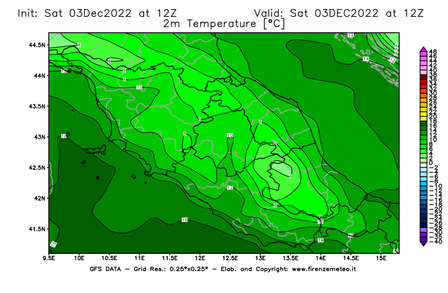 Mappa di analisi GFS - Temperatura a 2 metri dal suolo [°C] in Centro-Italia
							del 03/12/2022 12 <!--googleoff: index-->UTC<!--googleon: index-->