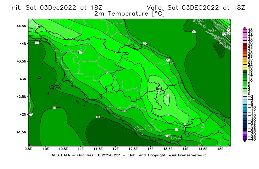 Mappa di analisi GFS - Temperatura a 2 metri dal suolo [°C] in Centro-Italia
							del 03/12/2022 18 <!--googleoff: index-->UTC<!--googleon: index-->