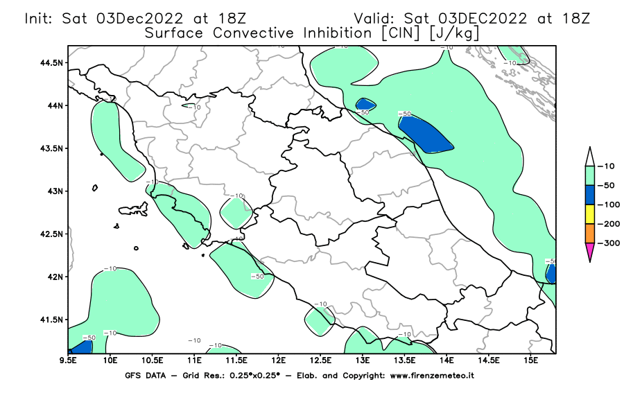 Mappa di analisi GFS - CIN [J/kg] in Centro-Italia
							del 03/12/2022 18 <!--googleoff: index-->UTC<!--googleon: index-->