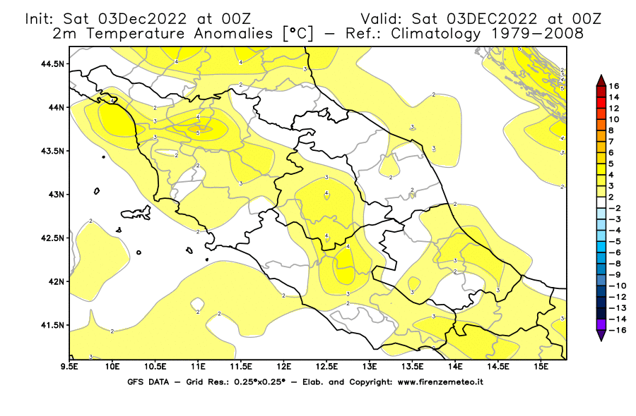 Mappa di analisi GFS - Anomalia Temperatura [°C] a 2 m in Centro-Italia
							del 03/12/2022 00 <!--googleoff: index-->UTC<!--googleon: index-->