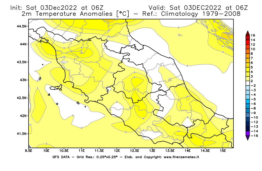 Mappa di analisi GFS - Anomalia Temperatura [°C] a 2 m in Centro-Italia
							del 03/12/2022 06 <!--googleoff: index-->UTC<!--googleon: index-->