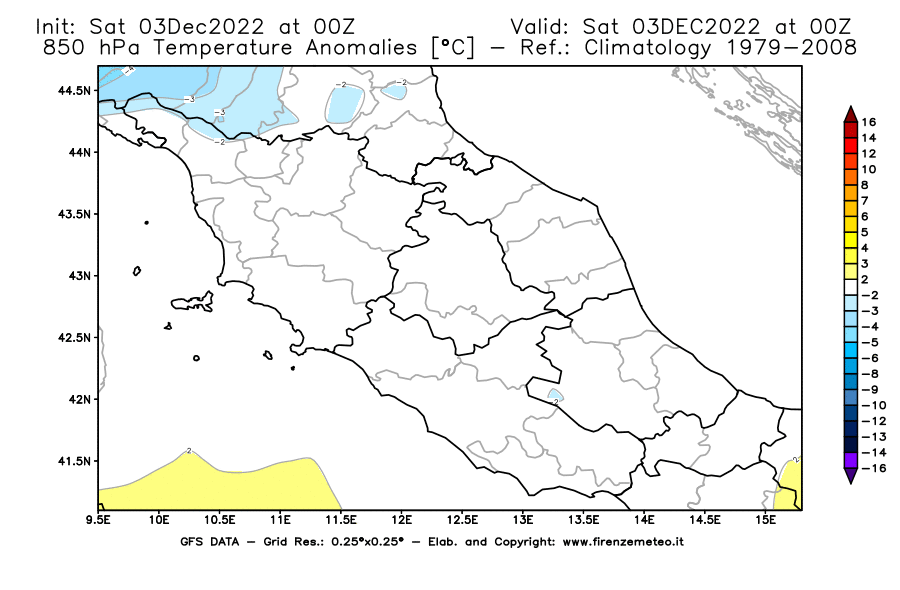 Mappa di analisi GFS - Anomalia Temperatura [°C] a 850 hPa in Centro-Italia
							del 03/12/2022 00 <!--googleoff: index-->UTC<!--googleon: index-->